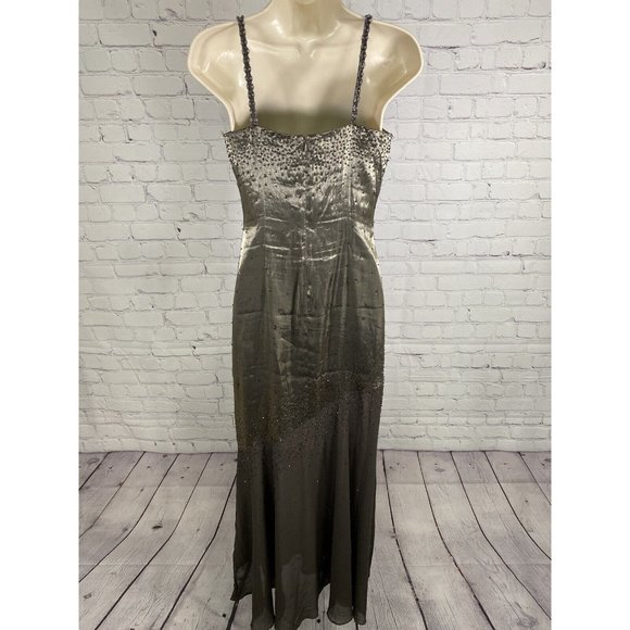 Cache Beaded Olive Green Metallic Semi Sheer Lined Body Con Prom Dress 6 - Picture 4 of 15